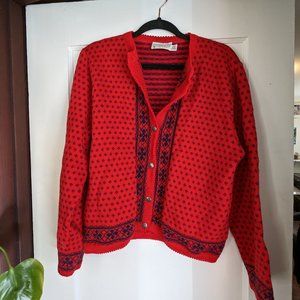Vintage Pendleton Wool Red Cardigan Sweater in Nordic Pattern, Large